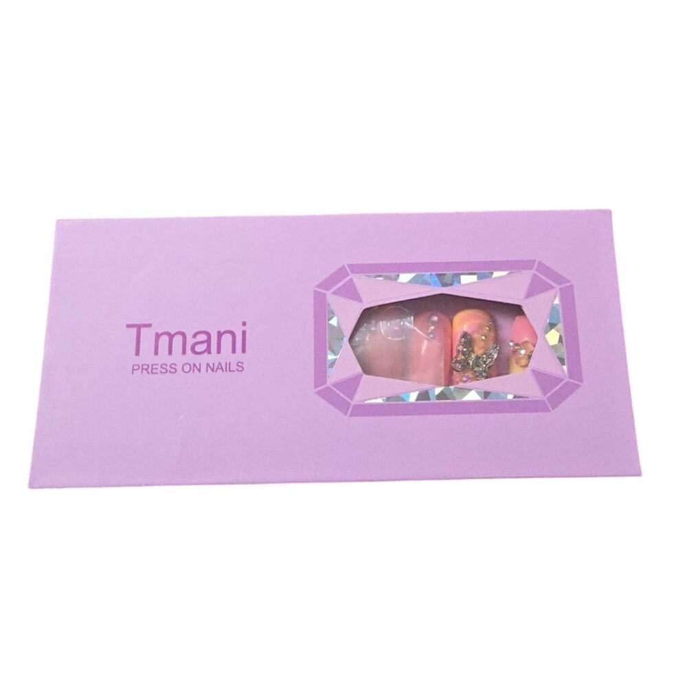 Tmani Extra Long Press On Nails 10pc Pink Rhinestone Square 187L New Open Box - Picture 3 of 3